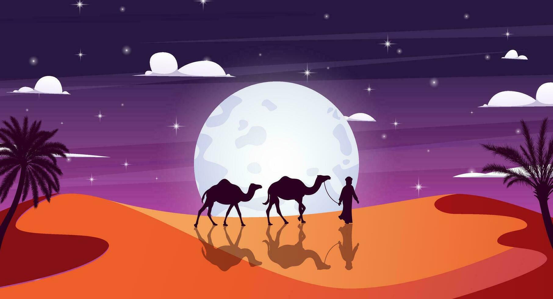 Nighttime travel silhouette background. Camel travels. vector