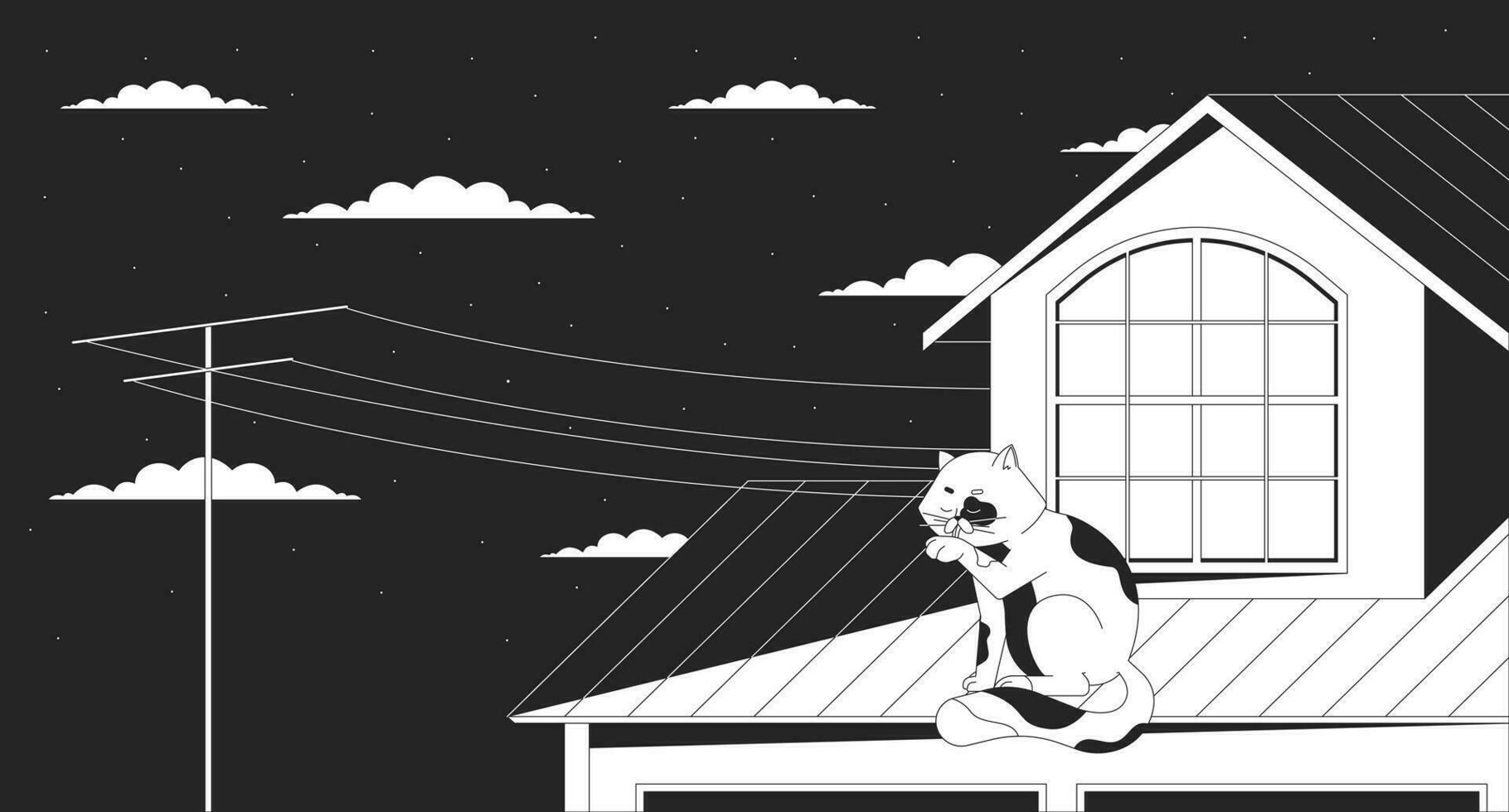 Cat licking paw on roof at night black and white lofi wallpaper. Peaceful kitty rooftop 2D outline cartoon flat illustration. Nostalgia retro style. Dreamy vibes vector line lo fi aesthetic background