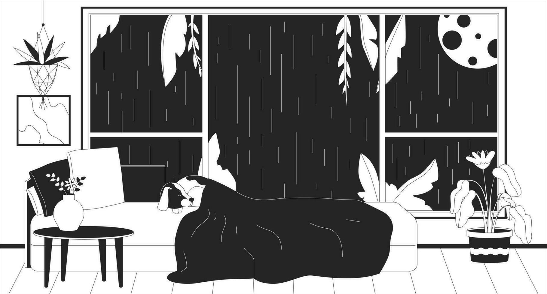 Dog sleeping in bed at night rainy outline 2D cartoon background. Sleepy puppy lifestyle linear vector illustration. Full moon nighttime window bedroom flat wallpaper art, monochromatic lofi image