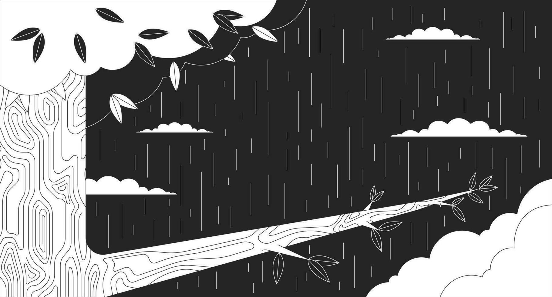 Oak tree branch on rain forest night outline 2D cartoon background. Autumn nighttime rainy weather linear aesthetic vector illustration. Woodland rainfall flat wallpaper art, monochromatic lofi image