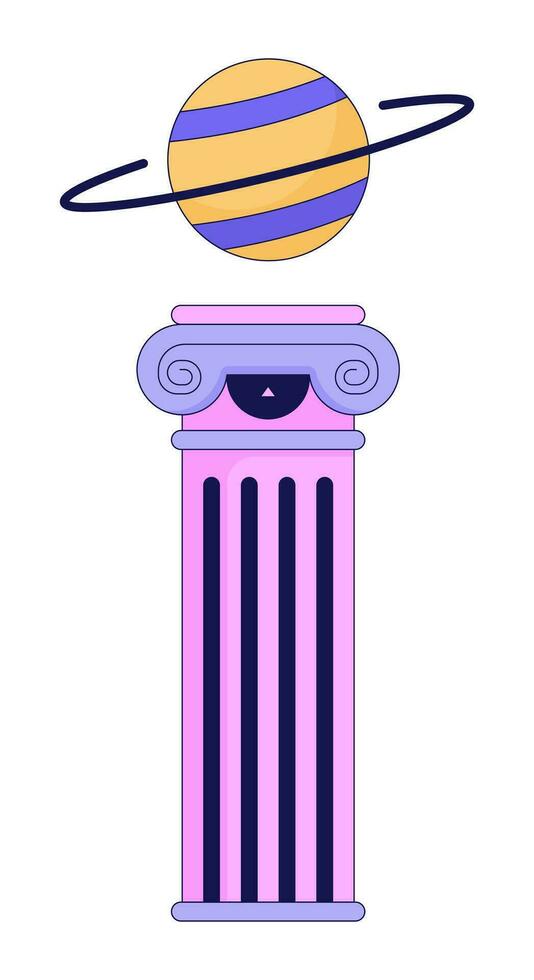 Mystery ancient column ring planet 2D linear cartoon object. Greek pedestal universe Saturn isolated line vector element white background. Cosmos deep space pillar color flat spot illustration