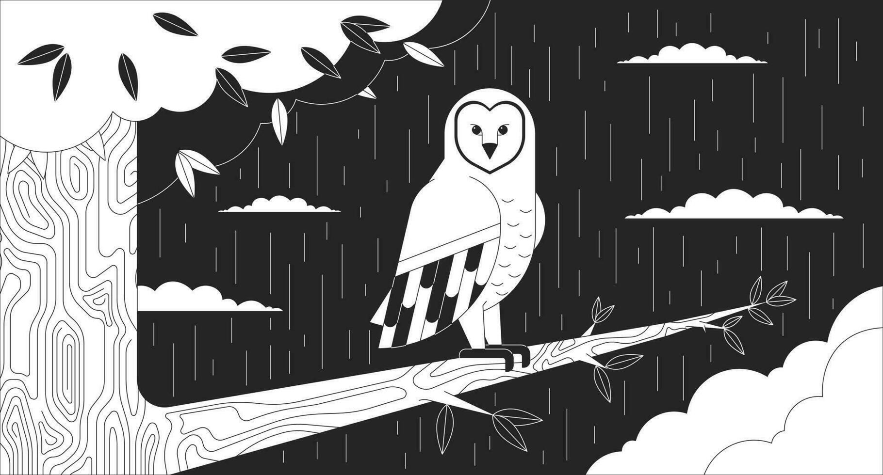 Owl sitting on tree branch in night rainy black and white lofi wallpaper. Nocturnal bird of prey forest rainy 2D outline cartoon flat illustration. Dreamy vibe vector line lo fi aesthetic background