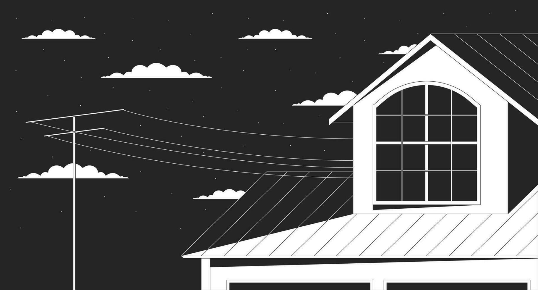 Outside window attic on starry night clouds outline 2D cartoon background. Nighttime roof house outdoor linear vector illustration. Cottage evening flat wallpaper art, monochromatic lofi image