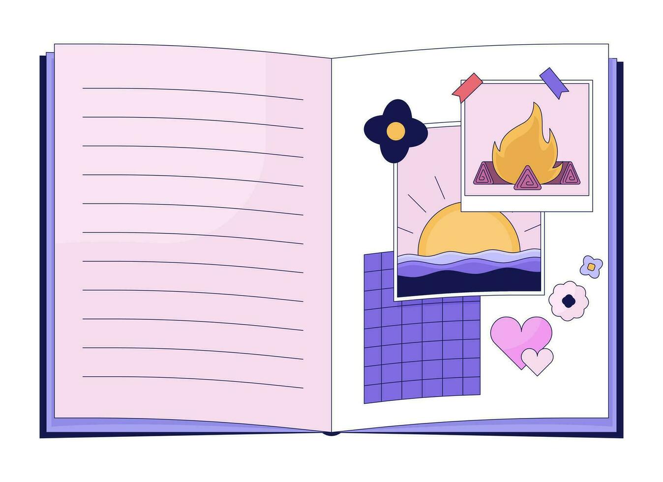 90s teenager secret diary 2D linear cartoon object. Memories summer girlish notebook isolated line vector element white background. Hiking campfire, meet sunrise color flat spot illustration