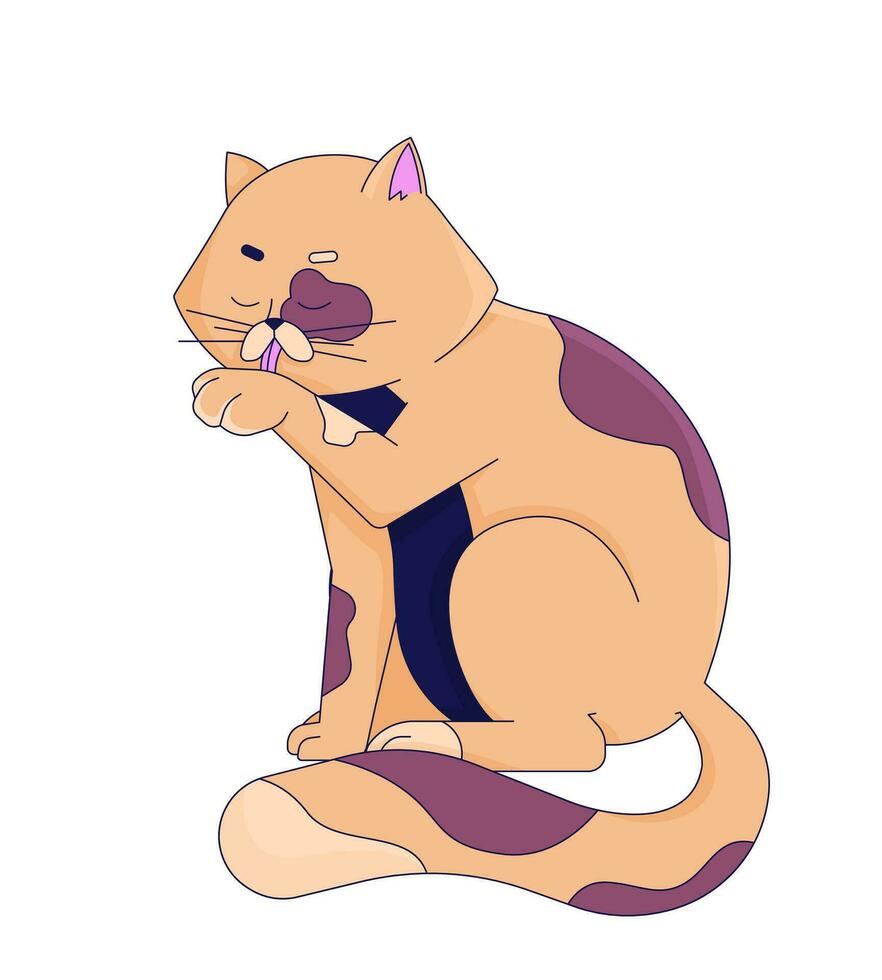 Spotted cat licking itself 2D linear cartoon character. Eyes closed kitty tongue out. Single animal pet isolated line vector animal white background. Friend pedigreed color flat spot illustration