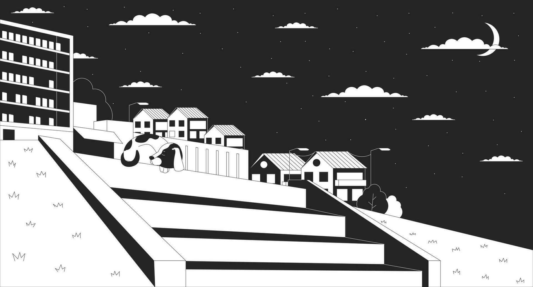 Sleeping dog on hillside stairs cityscape outline 2D cartoon background. Stray puppy resting stone steps linear vector illustration. Night town hill flat wallpaper art, monochromatic lofi image