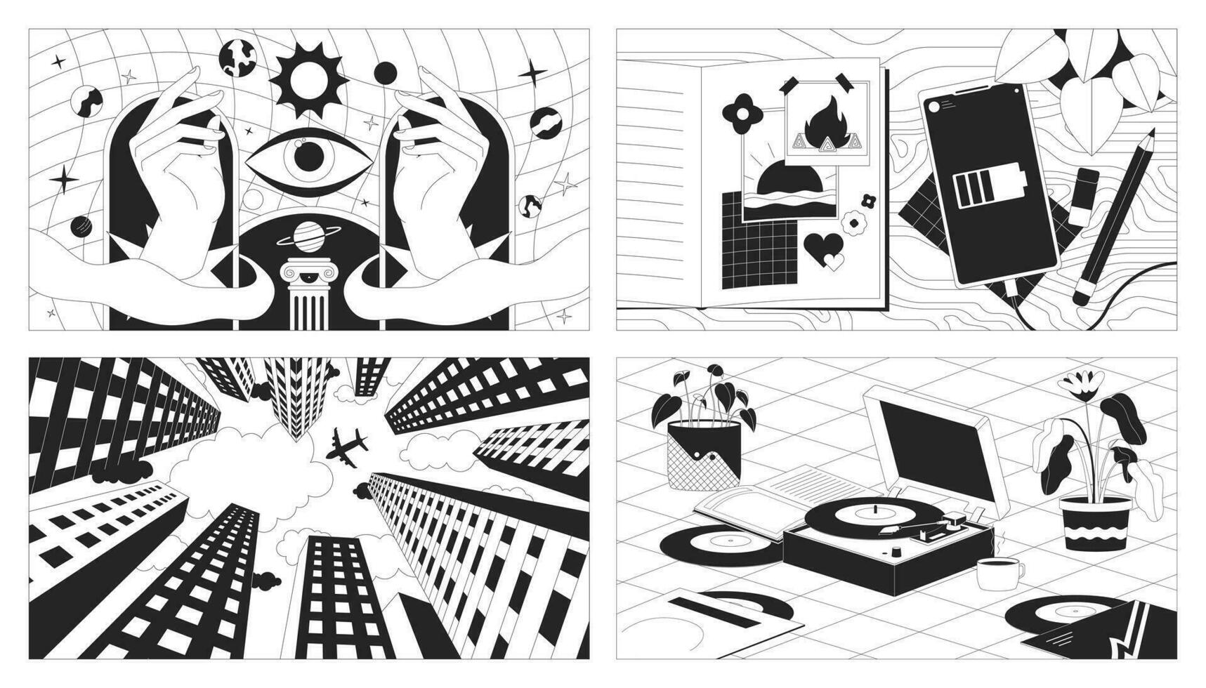 Vibrant vintage 90s black and white lofi wallpapers set. Esoteric, plane skyscrapers 2D outline cartoon flat illustrations. Travel journal, vinyl player vector line lo fi aesthetic backgrounds pack