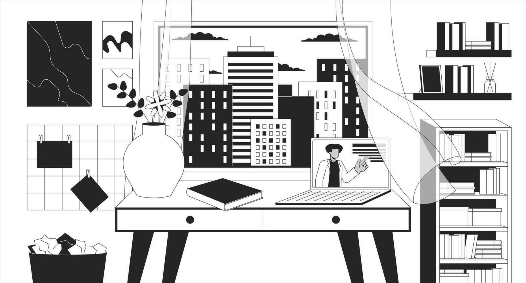 acogedor estudiar espacio con estantería negro y blanco lofi fondo de pantalla. ordenador portátil mesa a ventana noche paisaje urbano 2d contorno dibujos animados plano ilustración. e-aprendizaje. soñador vibraciones vector línea lo fi antecedentes