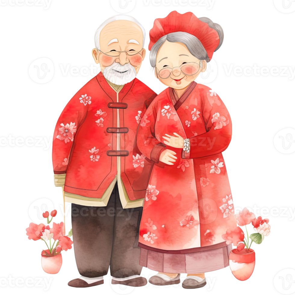 AI generated Celebrate Chinese New Year with Kawaii Elderly Couple Clipart png