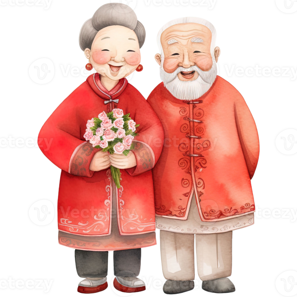 AI generated Celebrate Chinese New Year with Kawaii Elderly Couple Clipart png