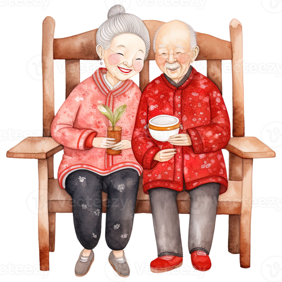 AI generated Celebrate Chinese New Year with Kawaii Elderly Couple Clipart png
