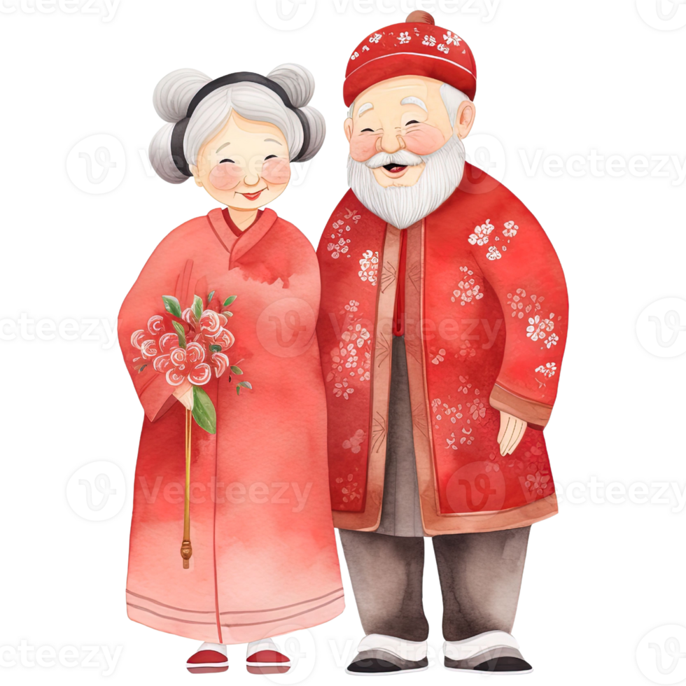 AI generated Celebrate Chinese New Year with Kawaii Elderly Couple Clipart png