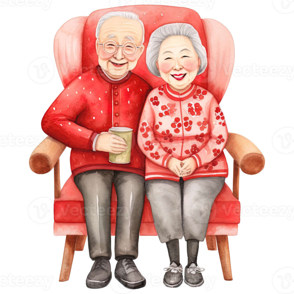 AI generated Celebrate Chinese New Year with Kawaii Elderly Couple Clipart png