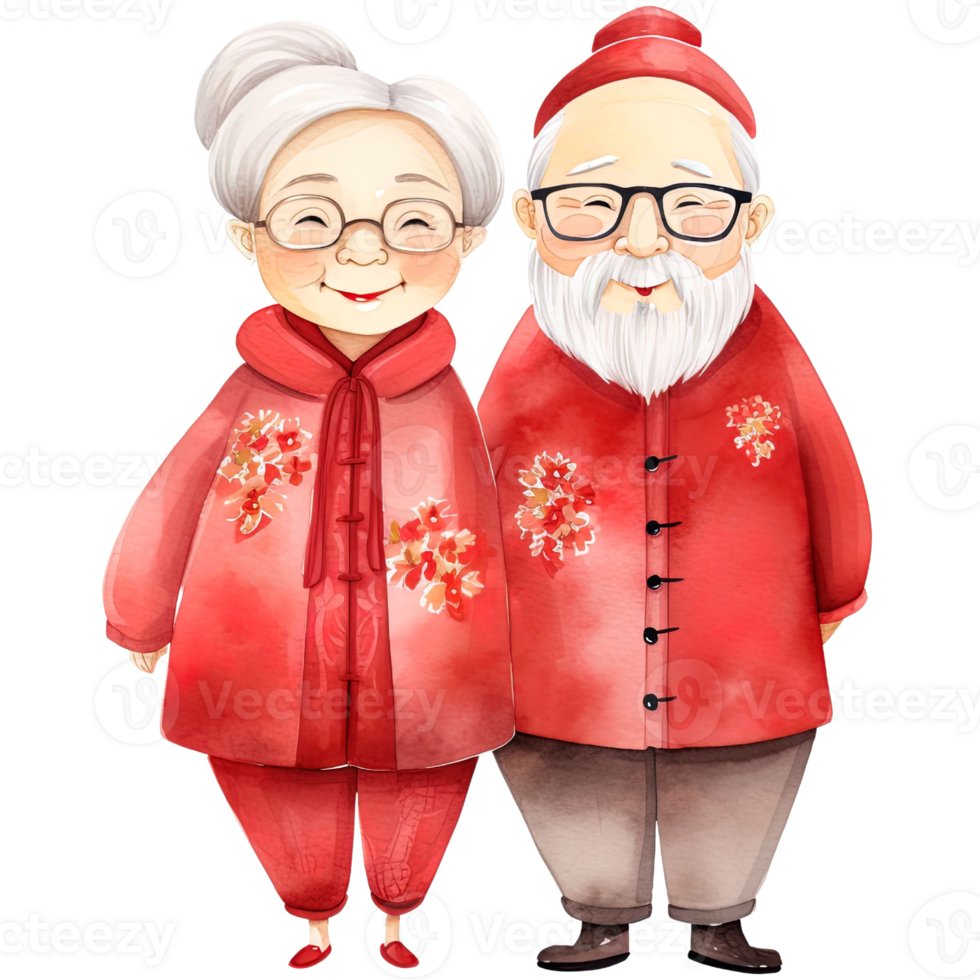 AI generated Celebrate Chinese New Year with Kawaii Elderly Couple Clipart png