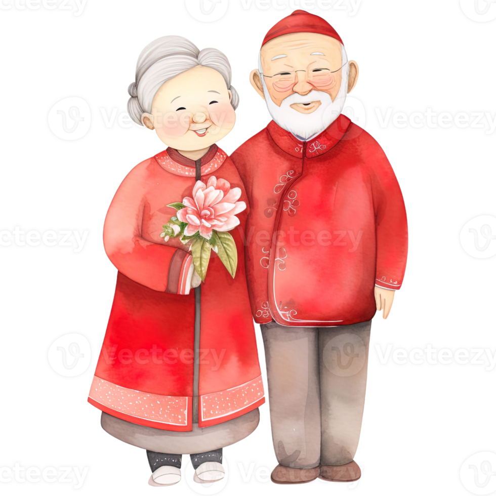 AI generated Celebrate Chinese New Year with Kawaii Elderly Couple Clipart png