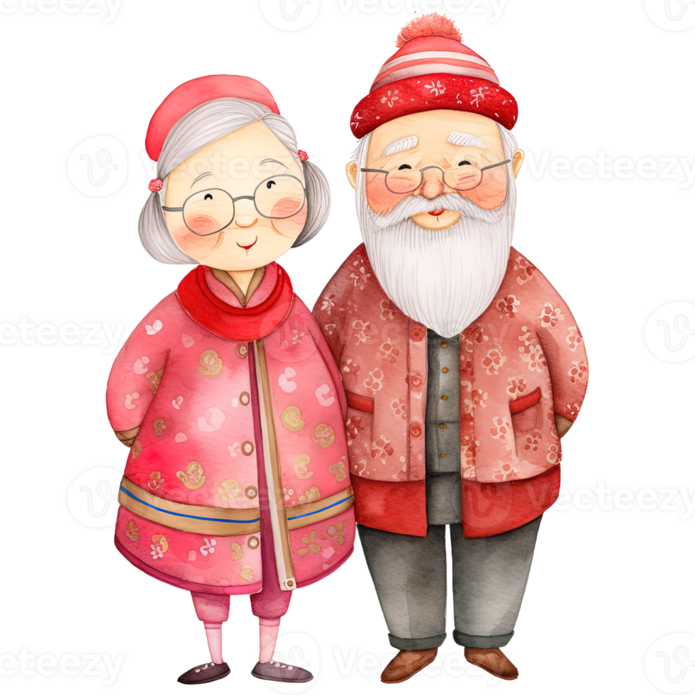 ai généré célébrer chinois Nouveau année avec kawaii personnes âgées couple clipart png