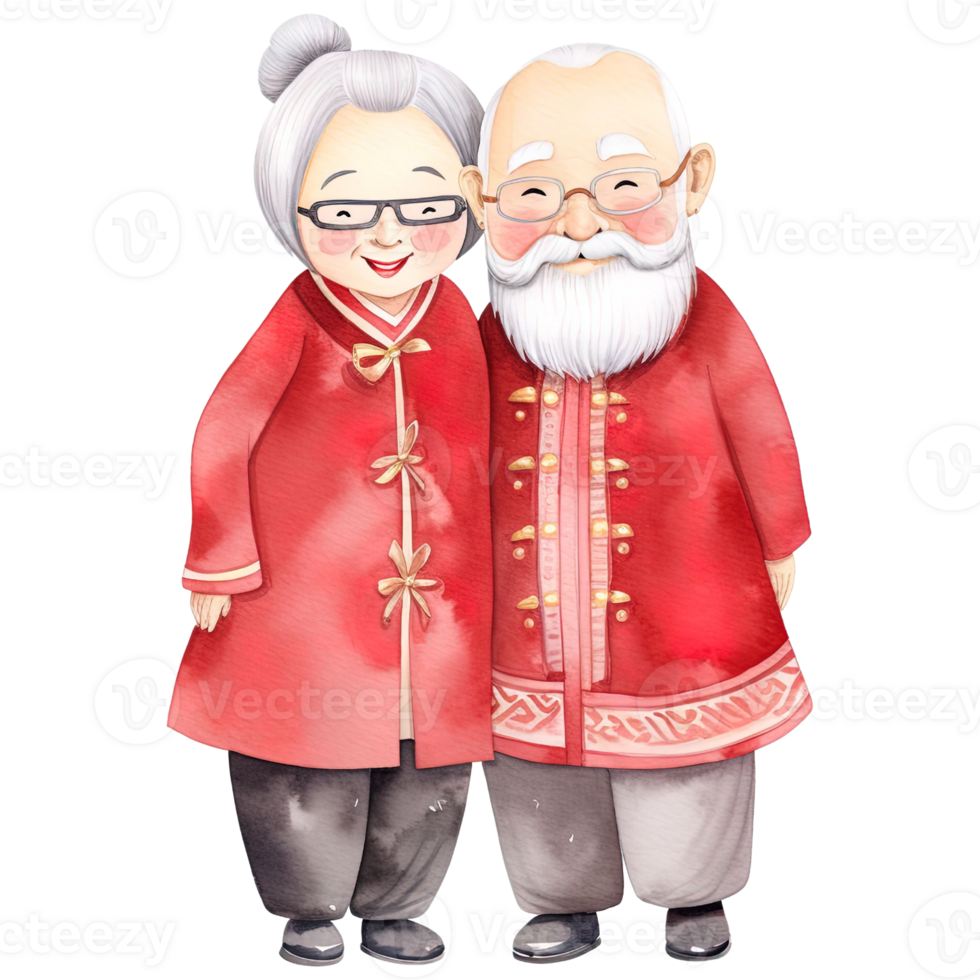 AI generated Celebrate Chinese New Year with Kawaii Elderly Couple Clipart png