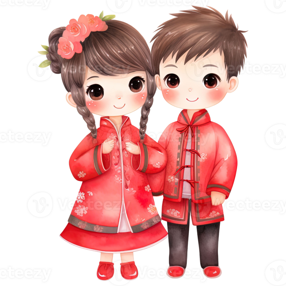 ai généré chinois Nouveau année kawaii rouge couple - de fête aquarelle clipart png