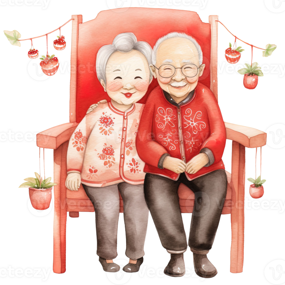 AI generated Celebrate Chinese New Year with Kawaii Elderly Couple Clipart png