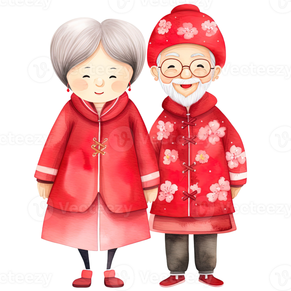 AI generated Celebrate Chinese New Year with Kawaii Elderly Couple Clipart png