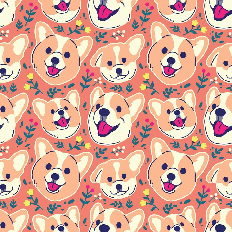 CUTE CORGI HEAD WITH FLORAL SEAMLESS PATTERN vector