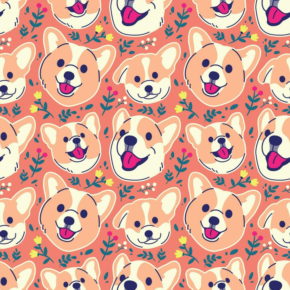 CUTE CORGI HEAD WITH FLORAL SEAMLESS PATTERN vector