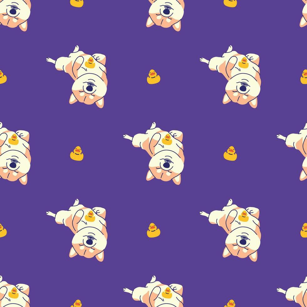 CUTE SHIBA INU IS LYING DOWN WITH A RUBBER DUCK SEAMLESS PATTERN vector
