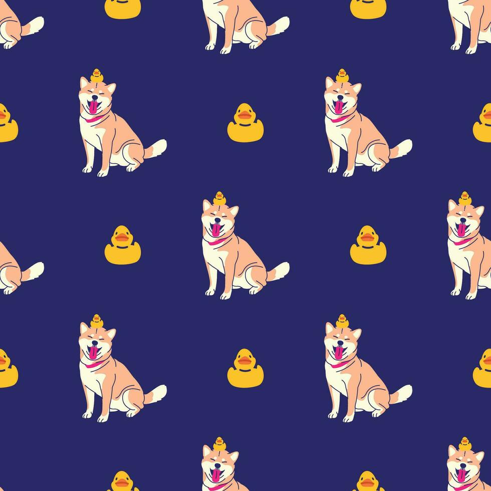 CUTE FACE SHIBA INU WITH A RUBBER DUCK SEAMLESS PATTERN vector