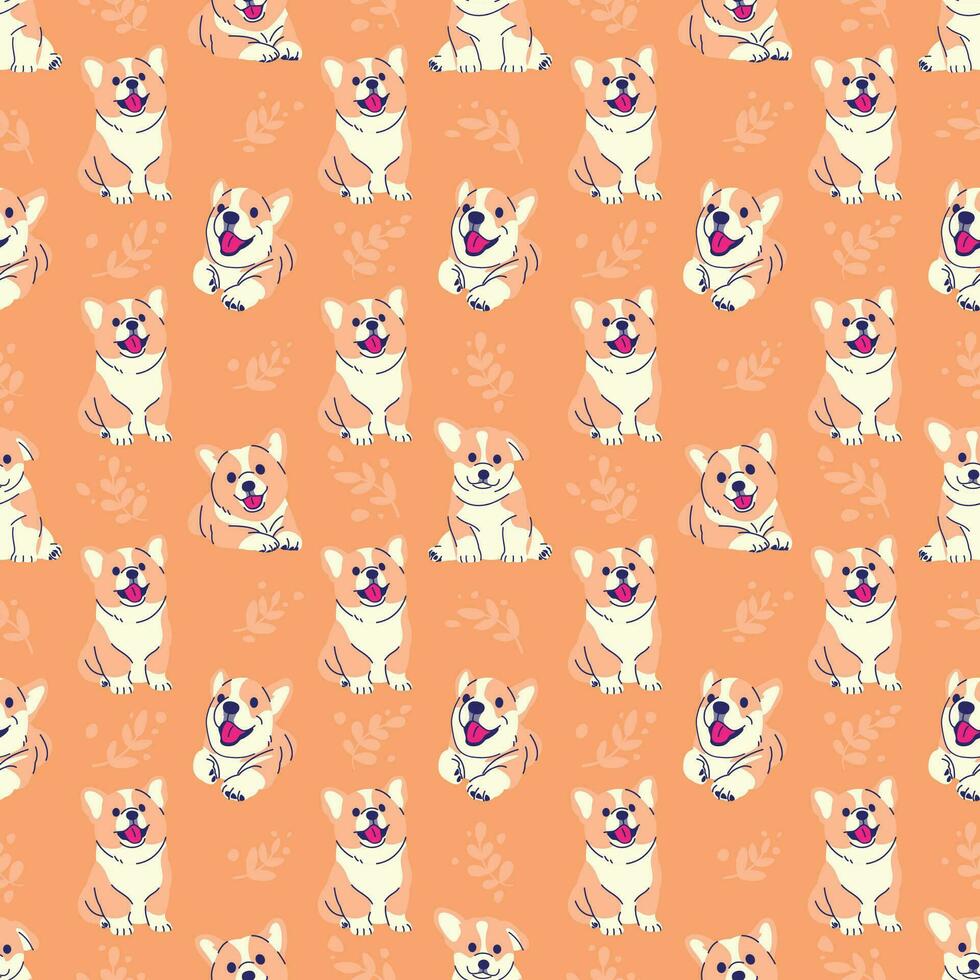CUTE CORGI PUPPIES WITH LEAFS PATTERN DESIGN vector