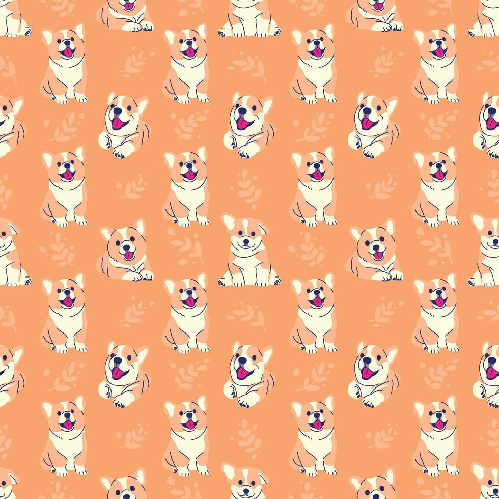 CUTE CORGI PUPPIES WITH LEAFS PATTERN DESIGN vector