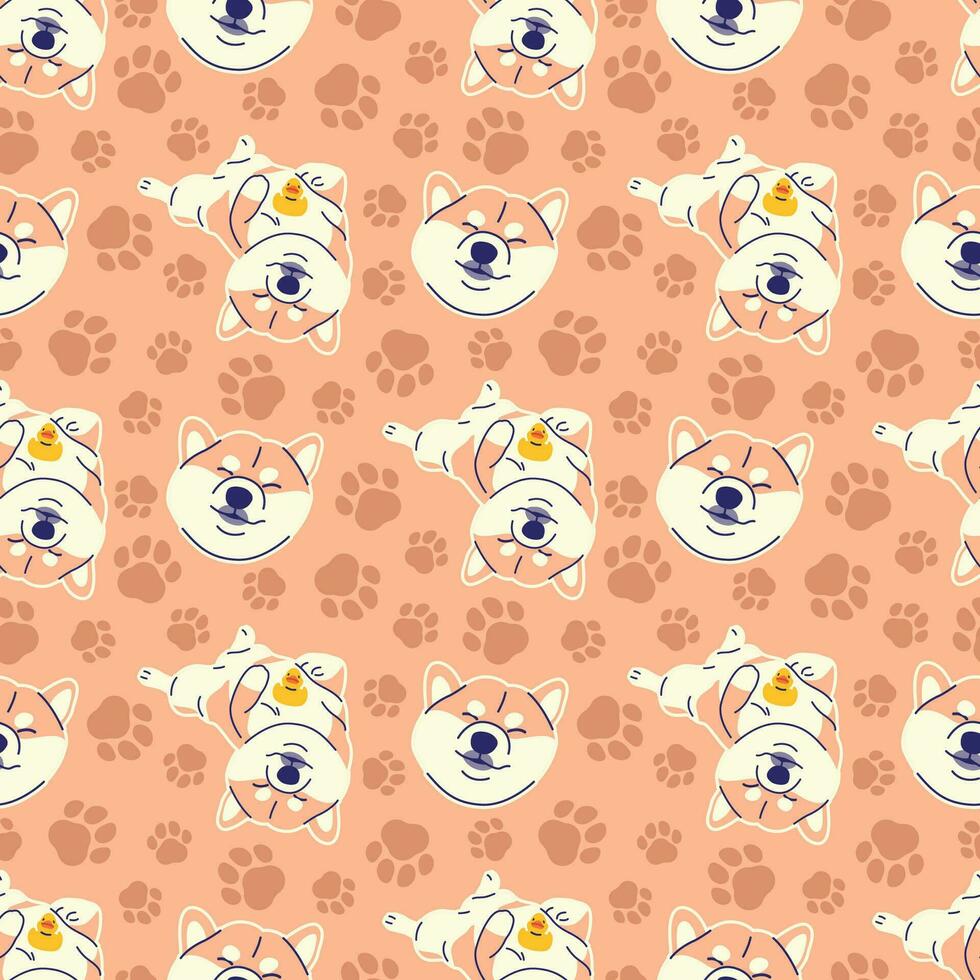 CUTE SMILING SHIBA INU WITH A RUBBER DUCK SEAMLESS PATTERN vector