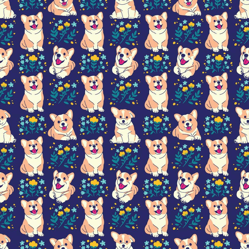 CUTE CORGI PUPPIES WITH FLORAL SEAMLESS PATTERN vector