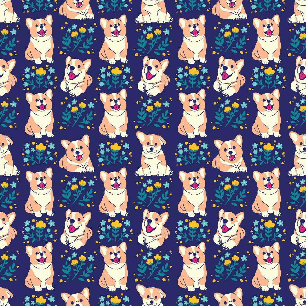 CUTE CORGI PUPPIES WITH FLORAL SEAMLESS PATTERN vector