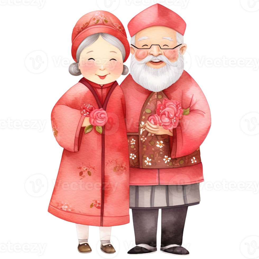 AI generated Celebrate Chinese New Year with Kawaii Elderly Couple Clipart png