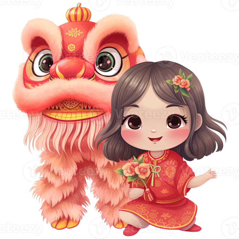 AI generated Kawaii Lion Dance and Girl Clipart for Chinese New Year Celebrations png