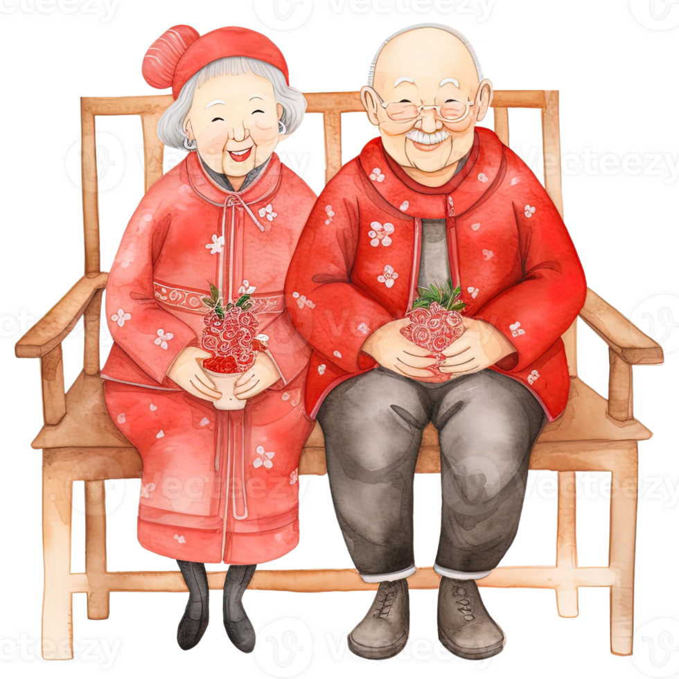 AI generated Celebrate Chinese New Year with Kawaii Elderly Couple Clipart png