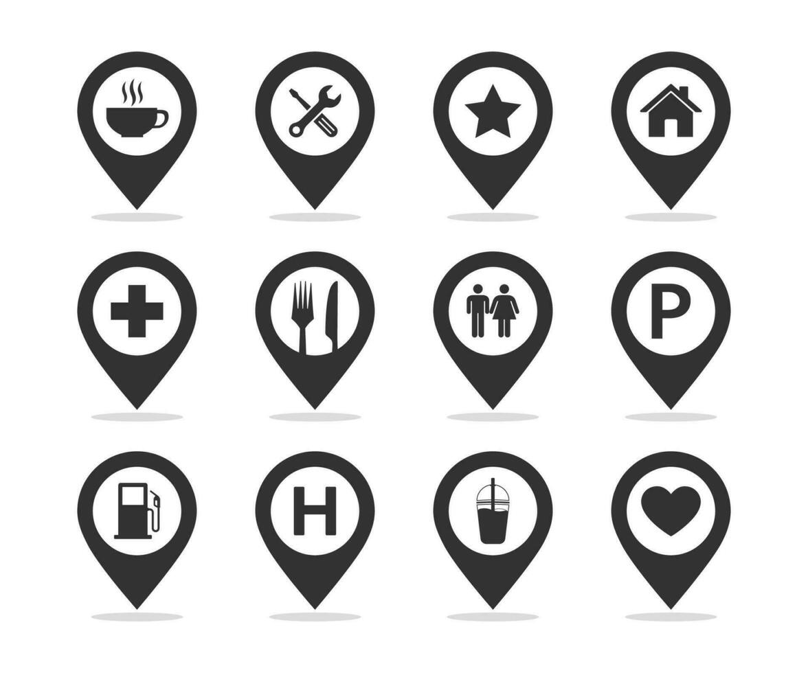 Set of place pin icon. Map pointer and cafe and restaurant travel elements pin. vector