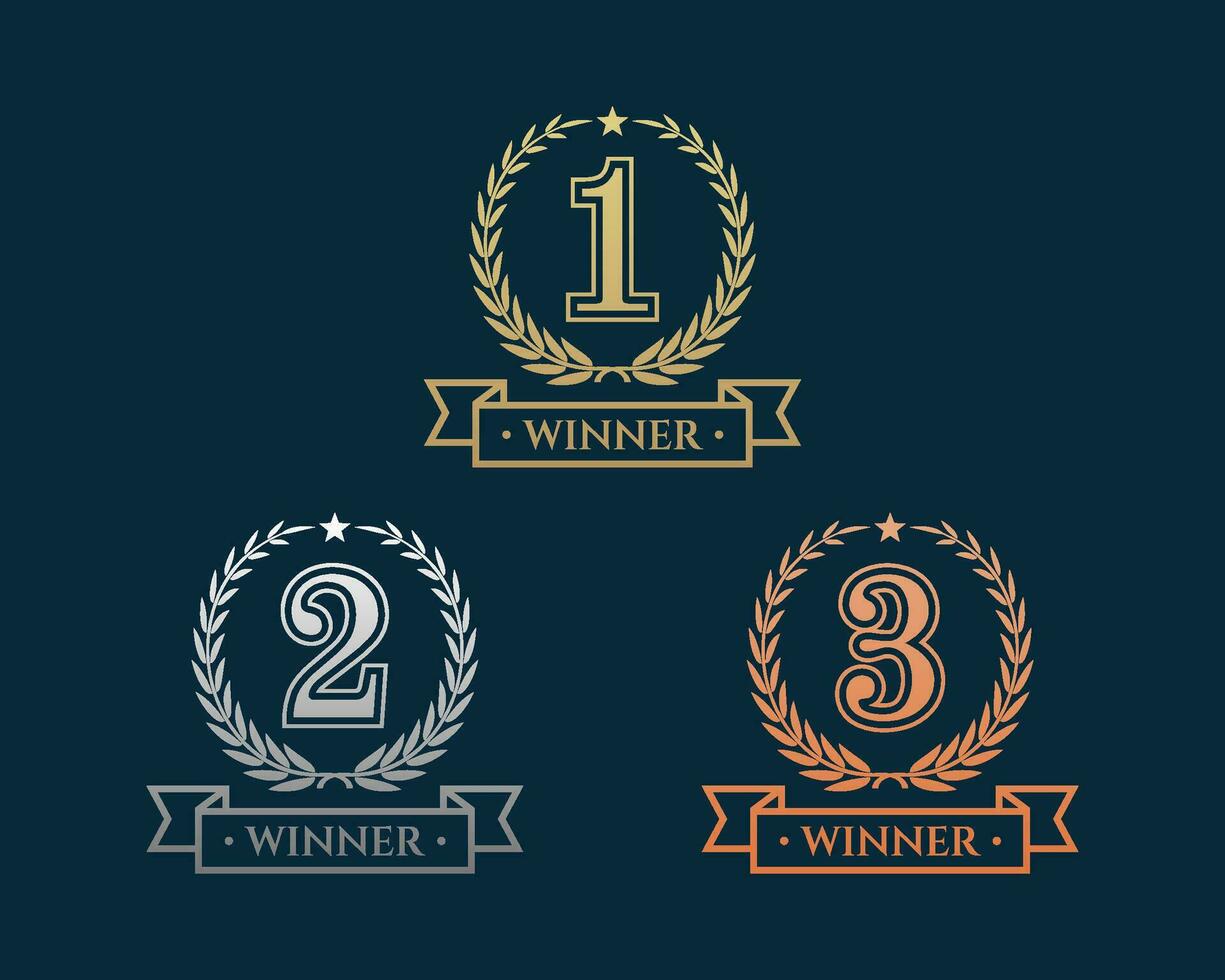 Award golden, silver, and bronze laurel wreaths with ribbons of First, second, and third winners. Vector set