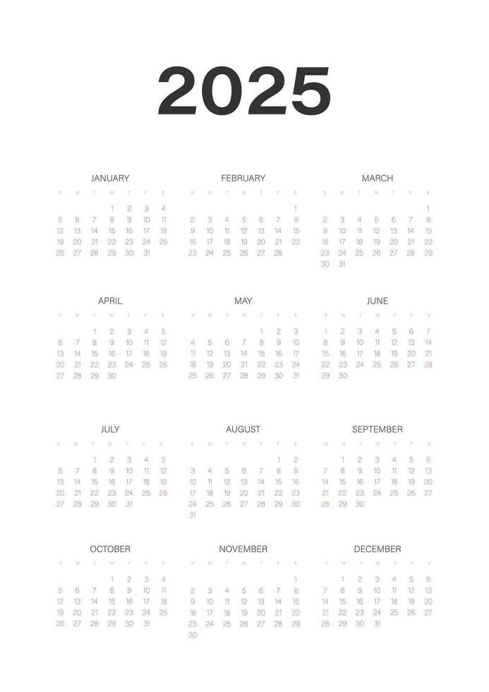 calendario 2025 vertical a3 a4 a5 semana comienzo domingo corporativo diseño planificador modelo. vector gráfico