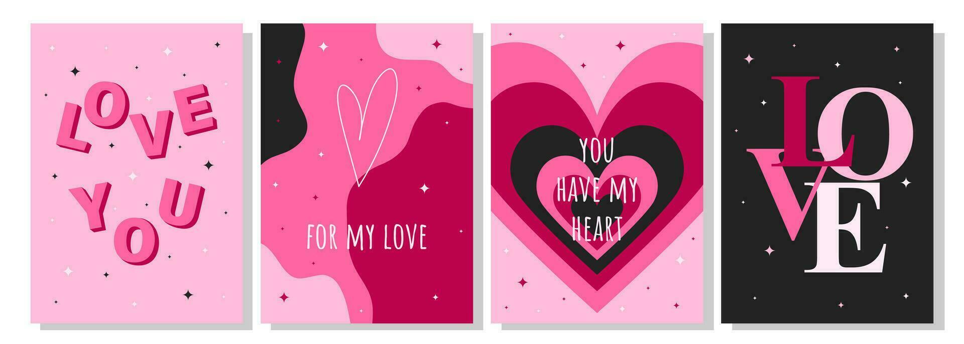 conjunto de tarjetas de felicitación del día de san valentín. corazón de dibujos animados de moda dibujado a mano, letras de amor. ilustración vectorial vector