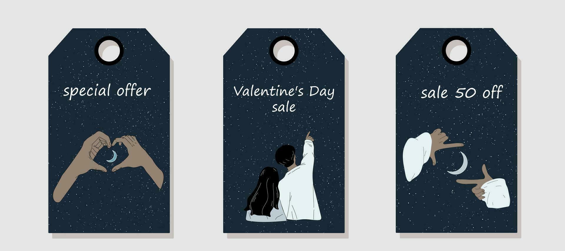 vector conjunto de descuento precio etiquetas etiquetas con manos espectáculo corazón en de luna noche. San Valentín día venta.