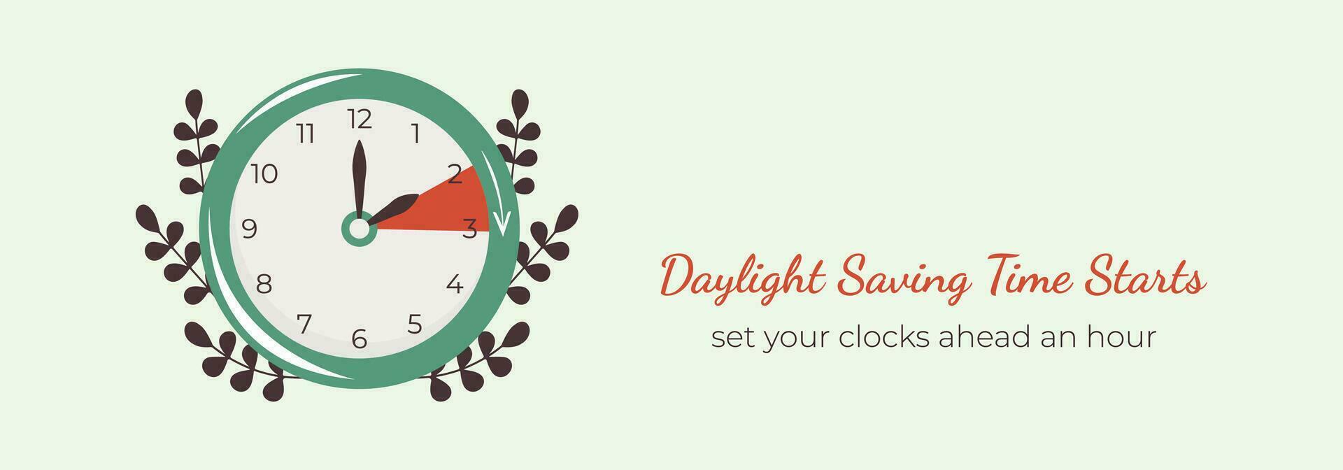 Daylight Saving Time begins Banner. Springtime Forward in March Reminder design. Vector illustration with leaves and clock turning to an hour ahead.