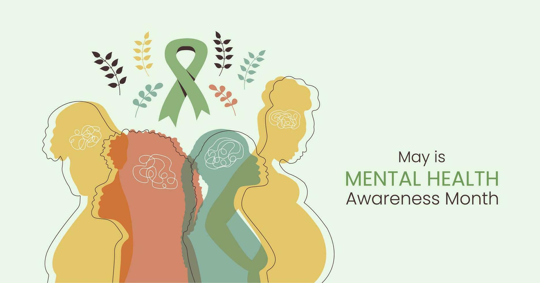 Mental Health Awareness Month Banner with Woman Silhouette. Horizontal design in flat style to inform and remind about importance of good mood. Psychological well-being concept with leaves and ribbon. vector