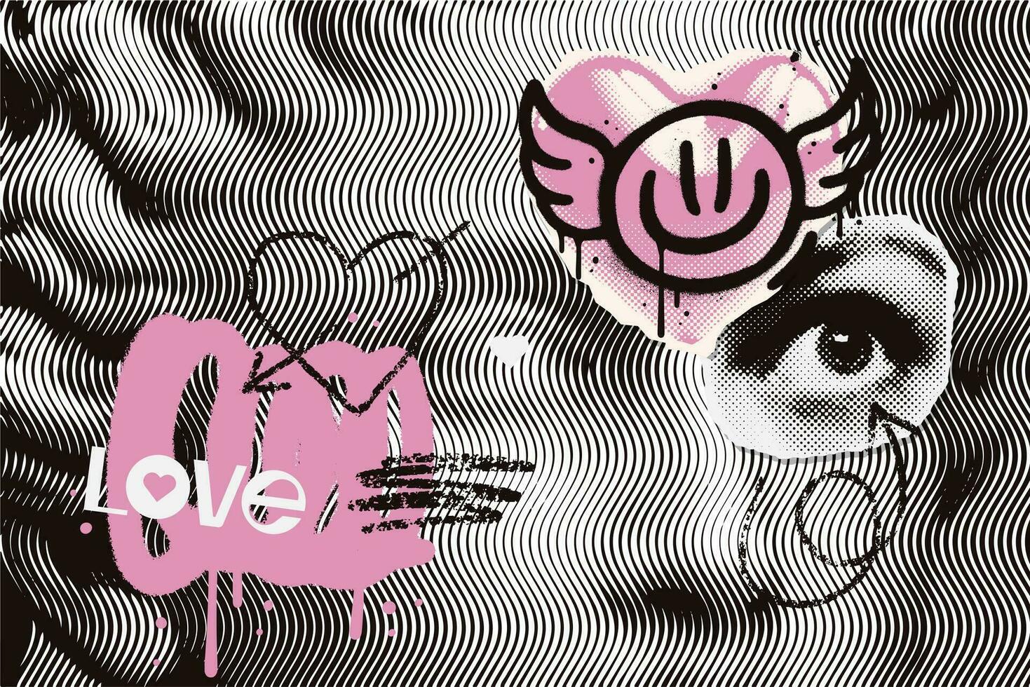 Halftone collage with graffiti contemporary punk grunge elements. Modern poster with rough street art and brush strokes. Urban Concept of relationship, love, romance, valentine day. Vector