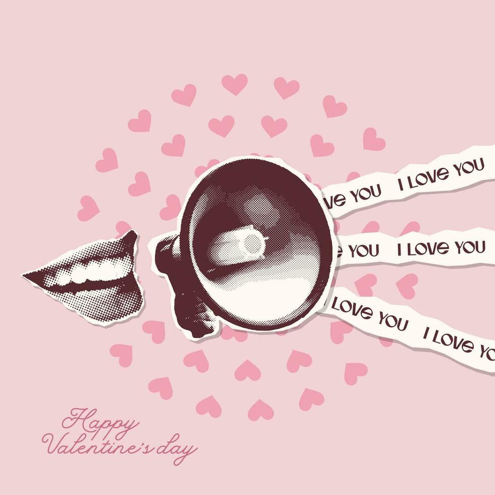 contento San Valentín día tarjeta o bandera. trama de semitonos De las mujeres labios confesar su amor mediante un megáfono, altoparlante con rosado corazones. collage con cortar fuera símbolos de San Valentín día. vector ilustración