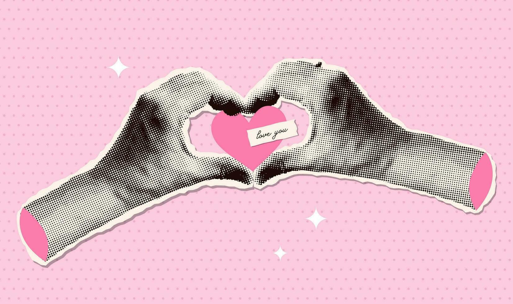 Halftone hands making heart shape banner template. Modern y2k collage and paper cut out elements. Valentines day, love, help, donate, support concept. Vector illustration on pink dotted backdrop