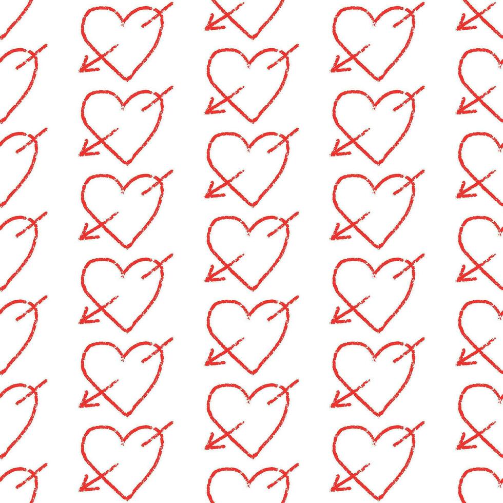 Simple red heart seamless pattern for Valentine's day. Wax Charcoal pastel painting. Grunge hearts with arrows on white background. Vector illustration, Crayon texture picture
