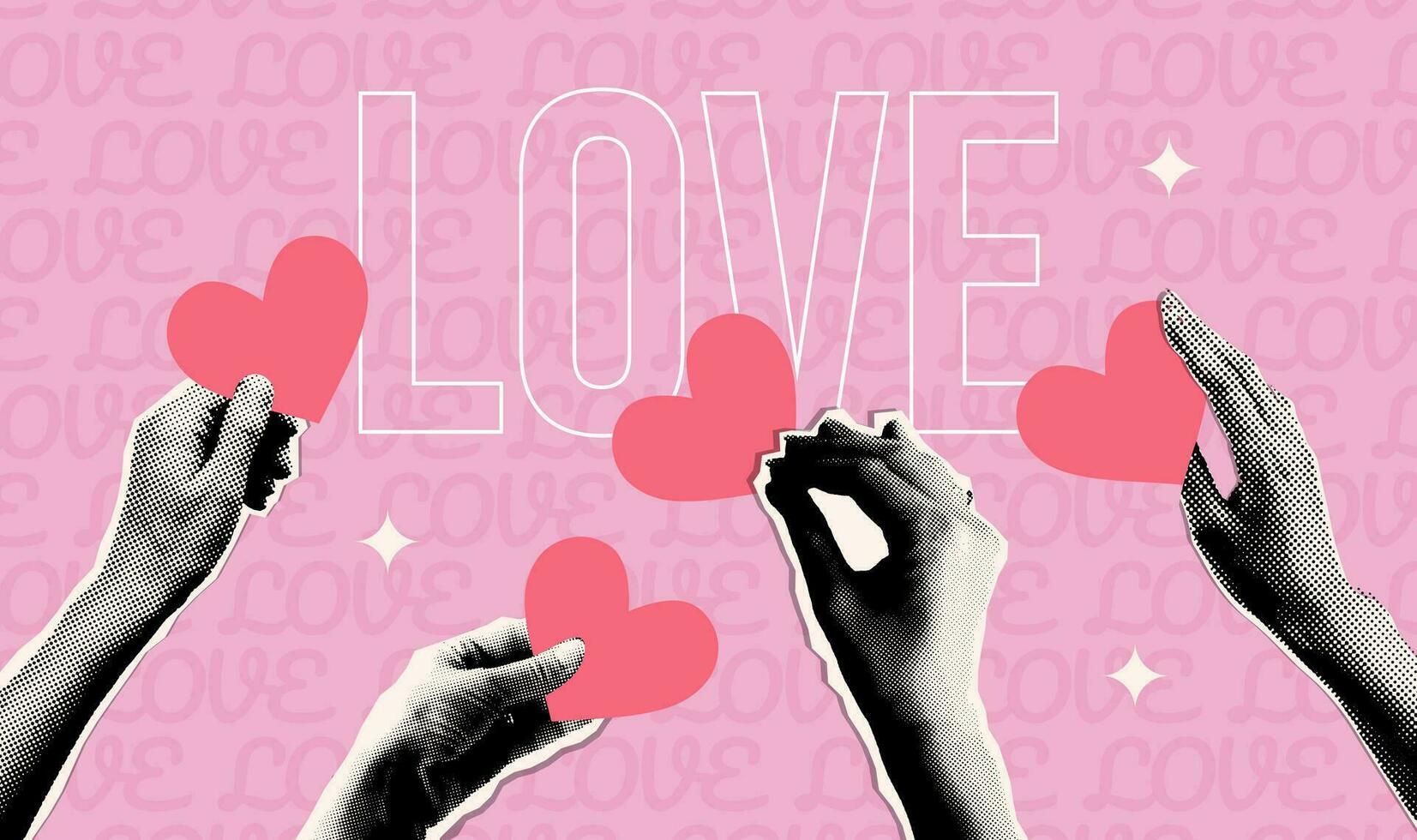 Halftone torn out collage Hands holding hearts. Valentine s day banner template. Give and share love to people concept. y2k trendy mixed media vector design.