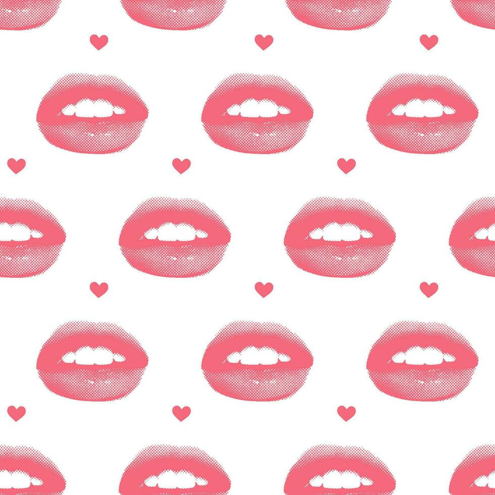 Trendy seamless pattern with halftone collage style lips with dotted texture. Old style background for Valentine's day decoration. Vintage vector illustration.