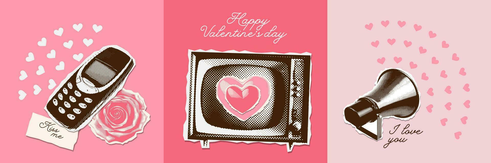 Halftone collage Valentine's day greeting cards set with grunge texture. Retro y2k phone, Old button mobile phone, TV and megaphone with Symbols of love broadcast and Valentines day. Vector design.
